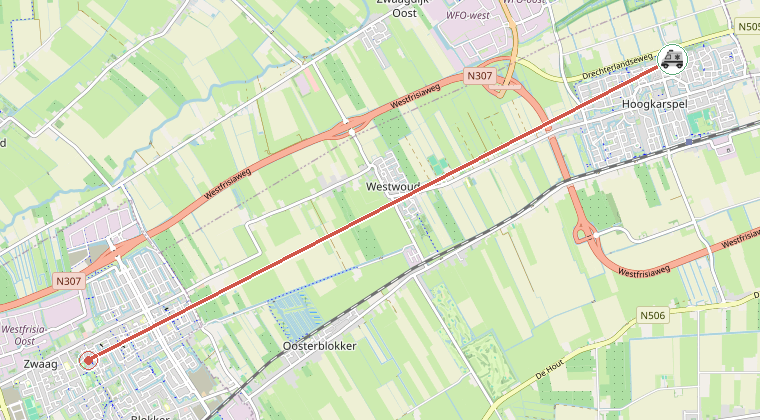 Kaart van de omgeving van de melding, met de kazerne die is gealarmeerd