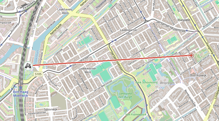 Kaart van de omgeving van de melding, met de kazerne die is gealarmeerd