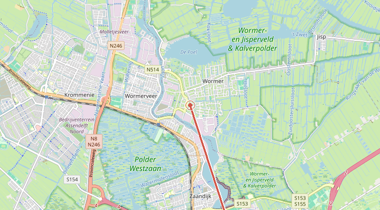 Kaart van de omgeving van de melding, met de kazerne die is gealarmeerd