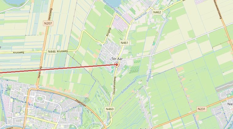 Kaart van de omgeving van de melding, met de kazerne die is gealarmeerd