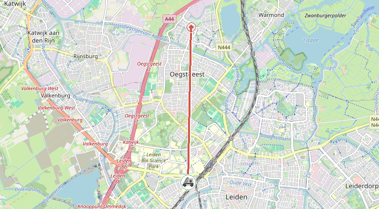 Kaart van de omgeving van de melding, met de kazerne die is gealarmeerd