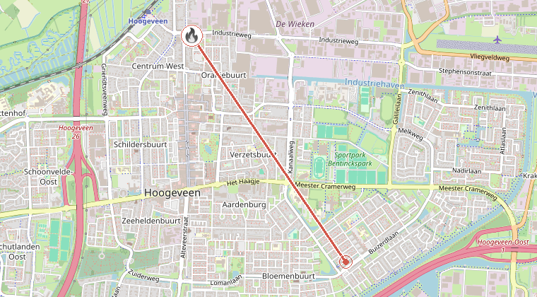 Kaart van de omgeving van de melding, met de kazerne die is gealarmeerd