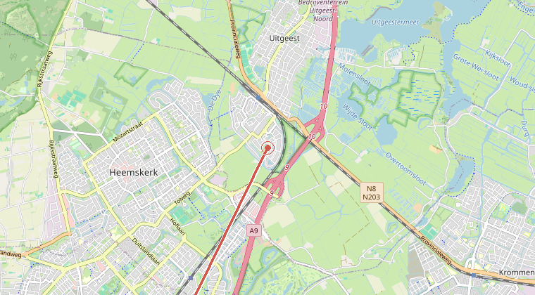 Kaart van de omgeving van de melding, met de kazerne die is gealarmeerd