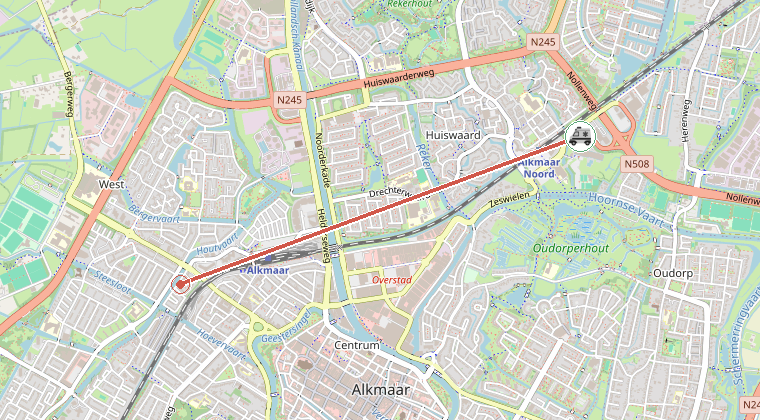 Kaart van de omgeving van de melding, met de kazerne die is gealarmeerd