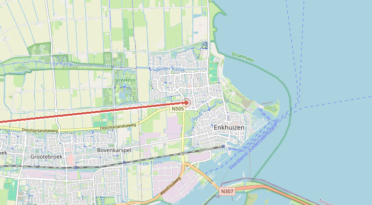 Kaart van de omgeving van de melding, met de kazerne die is gealarmeerd