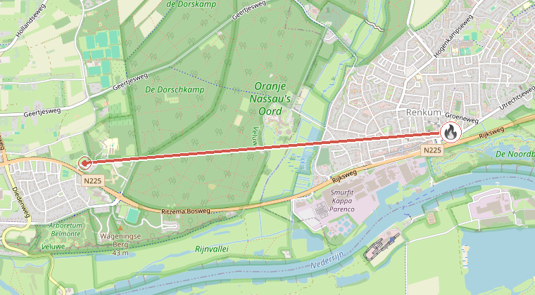 Kaart van de omgeving van de melding, met de kazerne die is gealarmeerd