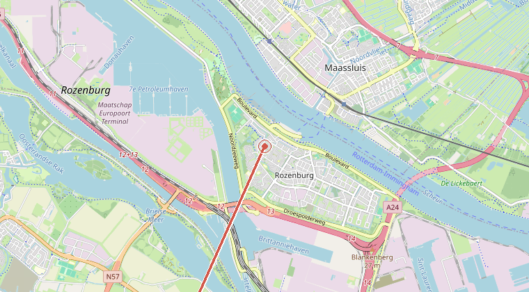 Kaart van de omgeving van de melding, met de kazerne die is gealarmeerd