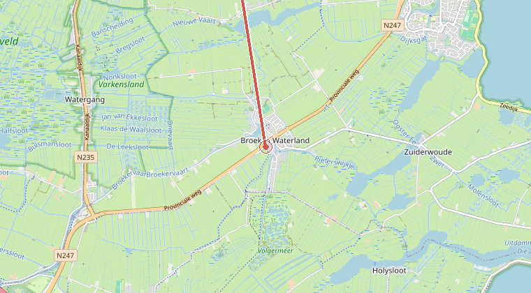 Kaart van de omgeving van de melding, met de kazerne die is gealarmeerd