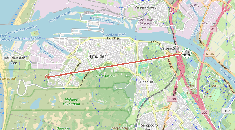 Kaart van de omgeving van de melding, met de kazerne die is gealarmeerd