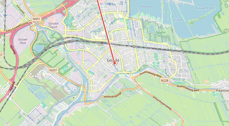 Kaart van de omgeving van de melding, met de kazerne die is gealarmeerd