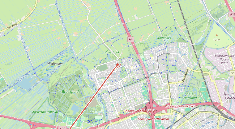 Kaart van de omgeving van de melding, met de kazerne die is gealarmeerd