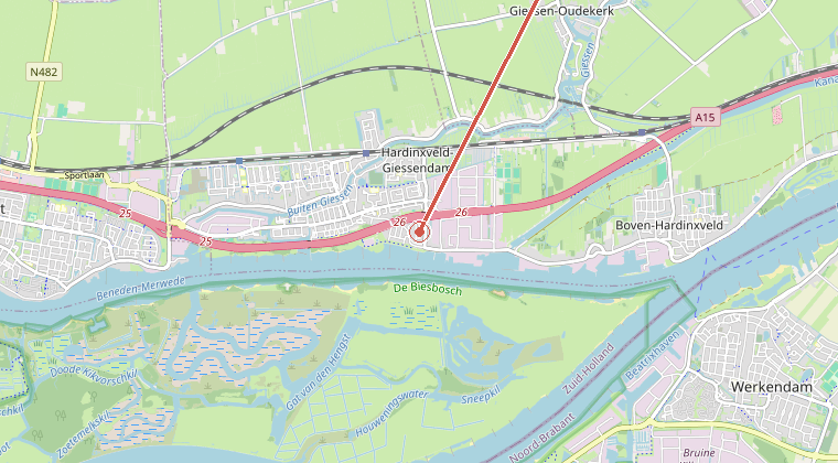 Kaart van de omgeving van de melding, met de kazerne die is gealarmeerd