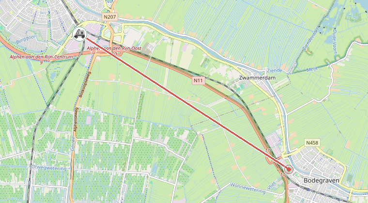 Kaart van de omgeving van de melding, met de kazerne die is gealarmeerd