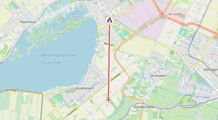 Kaart van de omgeving van de melding, met de kazerne die is gealarmeerd