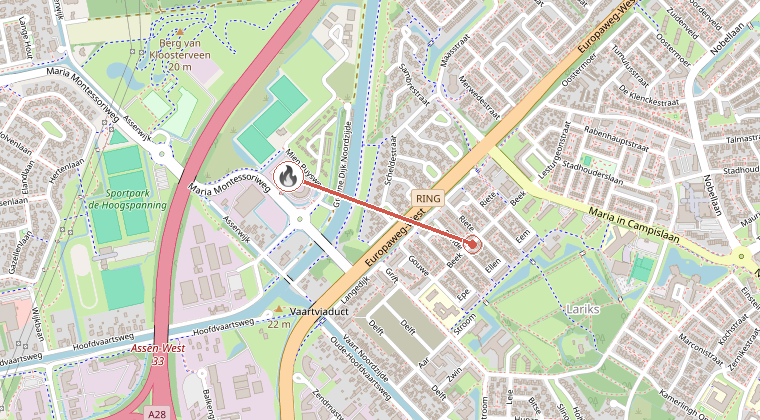 Kaart van de omgeving van de melding, met de kazerne die is gealarmeerd