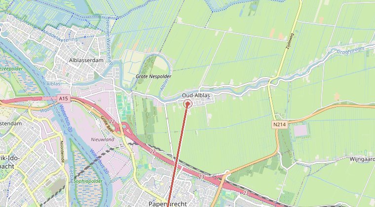 Kaart van de omgeving van de melding, met de kazerne die is gealarmeerd
