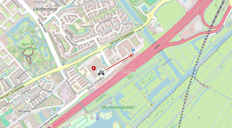 Kaart van de omgeving van de melding, met de kazerne die is gealarmeerd