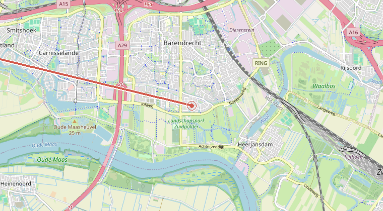 Kaart van de omgeving van de melding, met de kazerne die is gealarmeerd