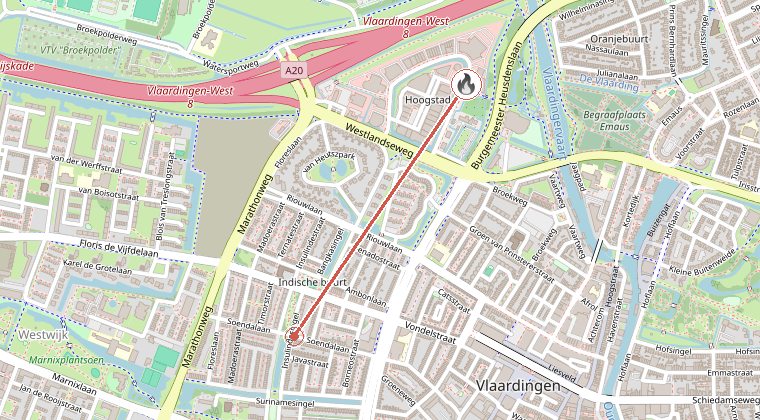 Kaart van de omgeving van de melding, met de kazerne die is gealarmeerd