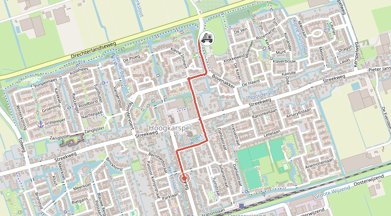 Kaart van de omgeving van de melding, met de kazerne die is gealarmeerd