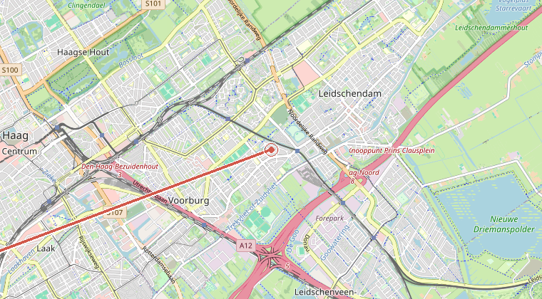 Kaart van de omgeving van de melding, met de kazerne die is gealarmeerd