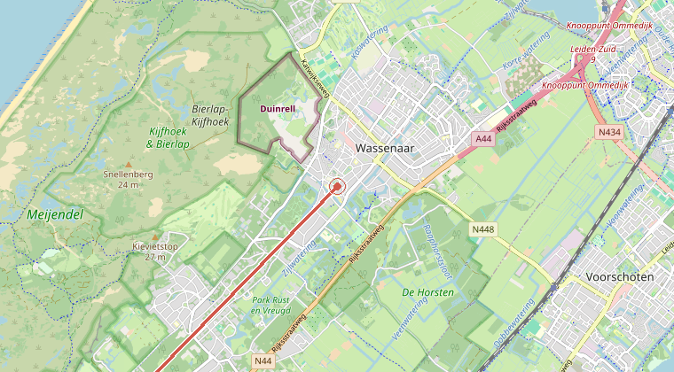 Kaart van de omgeving van de melding, met de kazerne die is gealarmeerd