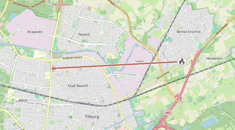 Kaart van de omgeving van de melding, met de kazerne die is gealarmeerd