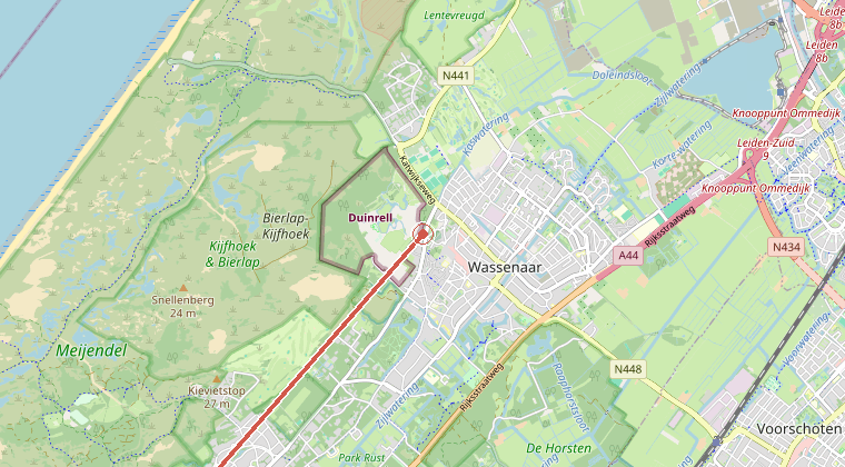 Kaart van de omgeving van de melding, met de kazerne die is gealarmeerd