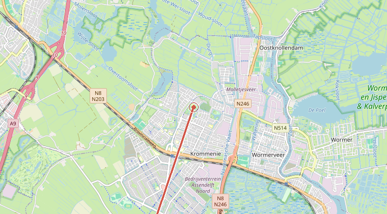 Kaart van de omgeving van de melding, met de kazerne die is gealarmeerd