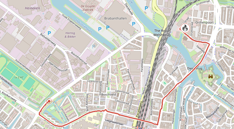 Kaart van de omgeving van de melding, met de kazerne die is gealarmeerd