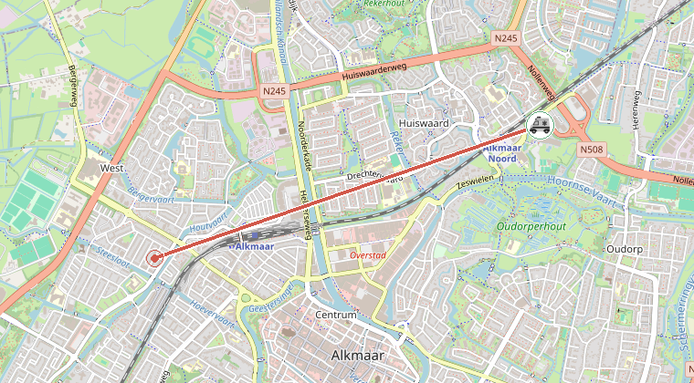 Kaart van de omgeving van de melding, met de kazerne die is gealarmeerd