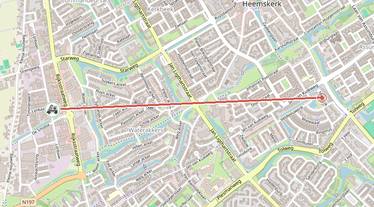 Kaart van de omgeving van de melding, met de kazerne die is gealarmeerd