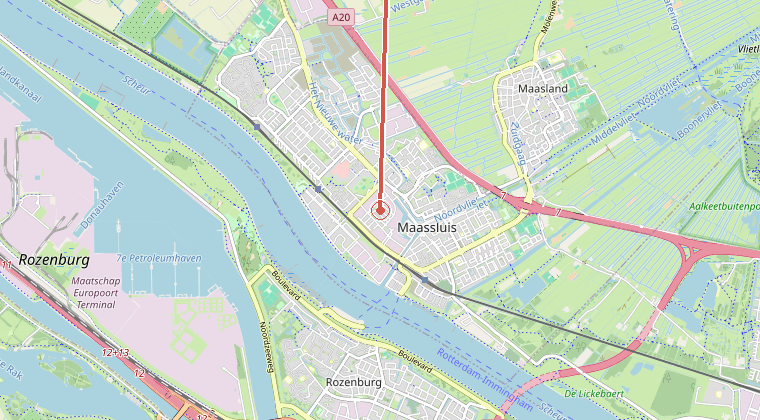 Kaart van de omgeving van de melding, met de kazerne die is gealarmeerd