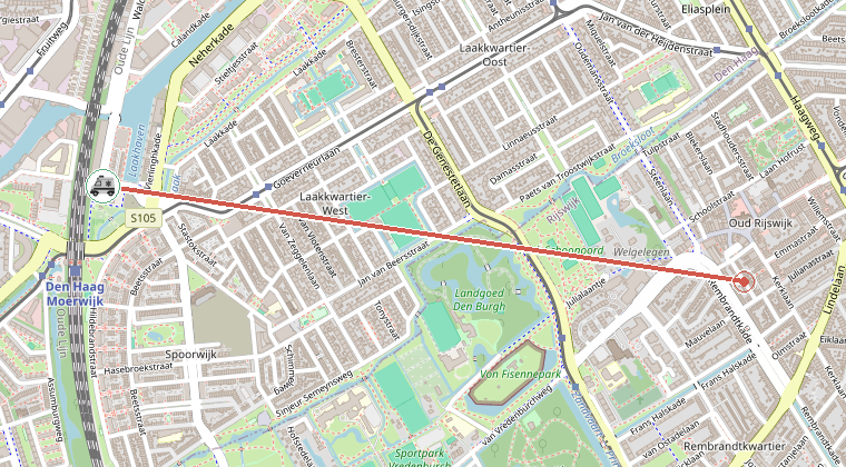Kaart van de omgeving van de melding, met de kazerne die is gealarmeerd