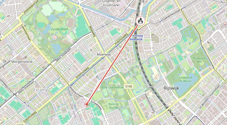 Kaart van de omgeving van de melding, met de kazerne die is gealarmeerd