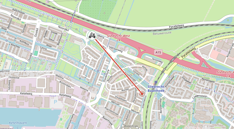 Kaart van de omgeving van de melding, met de kazerne die is gealarmeerd