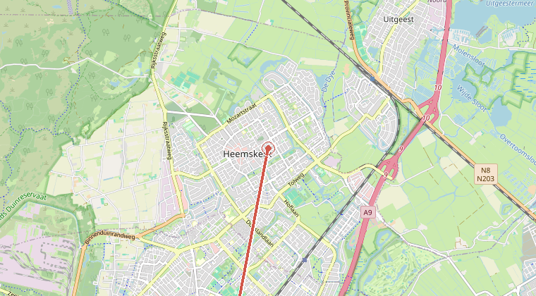Kaart van de omgeving van de melding, met de kazerne die is gealarmeerd