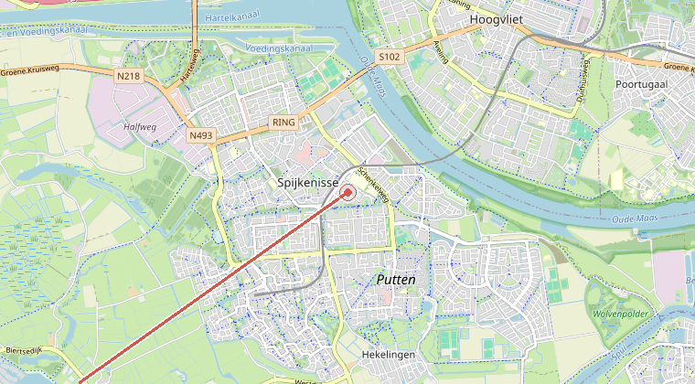 Kaart van de omgeving van de melding, met de kazerne die is gealarmeerd