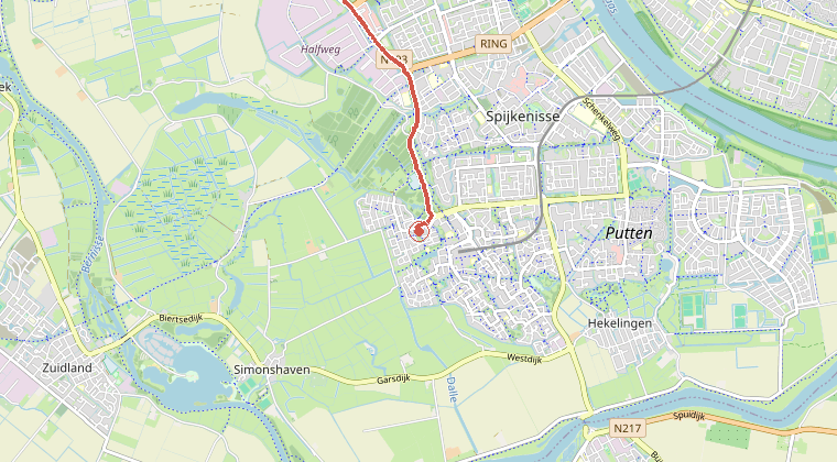 Kaart van de omgeving van de melding, met de kazerne die is gealarmeerd
