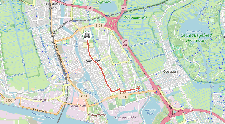 Kaart van de omgeving van de melding, met de kazerne die is gealarmeerd