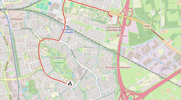 Kaart van de omgeving van de melding, met de kazerne die is gealarmeerd