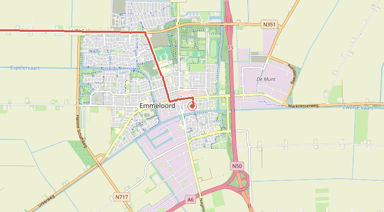 Kaart van de omgeving van de melding, met de kazerne die is gealarmeerd