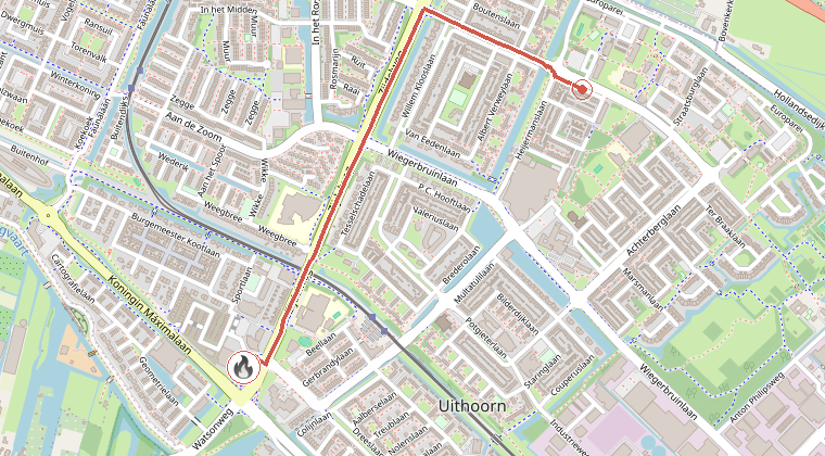 Kaart van de omgeving van de melding, met de kazerne die is gealarmeerd