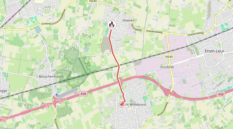 Kaart van de omgeving van de melding, met de kazerne die is gealarmeerd