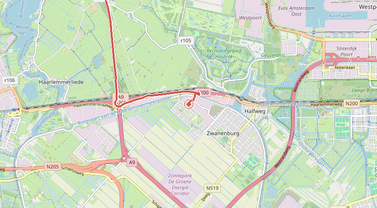 Kaart van de omgeving van de melding, met de kazerne die is gealarmeerd