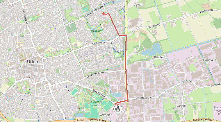 Kaart van de omgeving van de melding, met de kazerne die is gealarmeerd