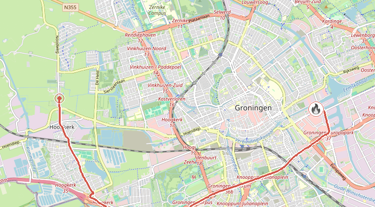 Kaart van de omgeving van de melding, met de kazerne die is gealarmeerd