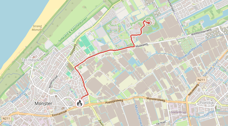Kaart van de omgeving van de melding, met de kazerne die is gealarmeerd