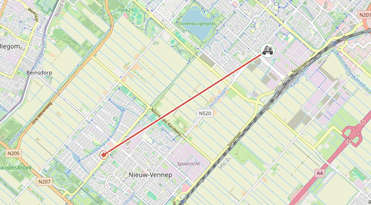 Kaart van de omgeving van de melding, met de kazerne die is gealarmeerd