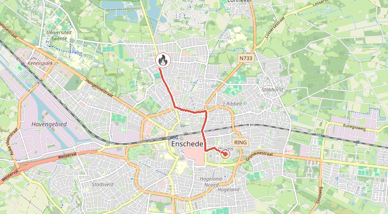 Kaart van de omgeving van de melding, met de kazerne die is gealarmeerd